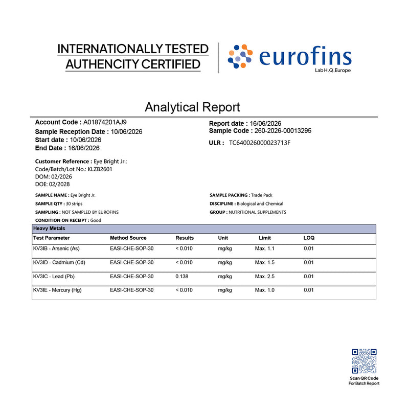 Kids Eye bright Junior Eurofins internationally tested Authencity certification report