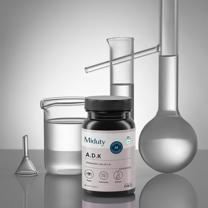 Miduty A.D.K Supplement bottle with laboratory equipment on a reflective surface, showing Science Backed - 30