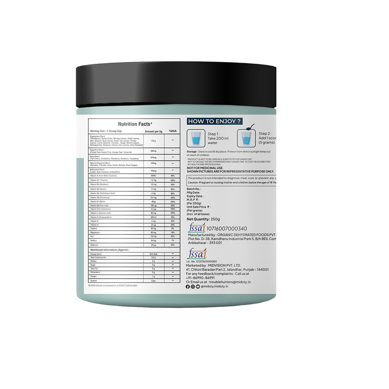 Nutrition Facts of Miduty Supergreens Powder