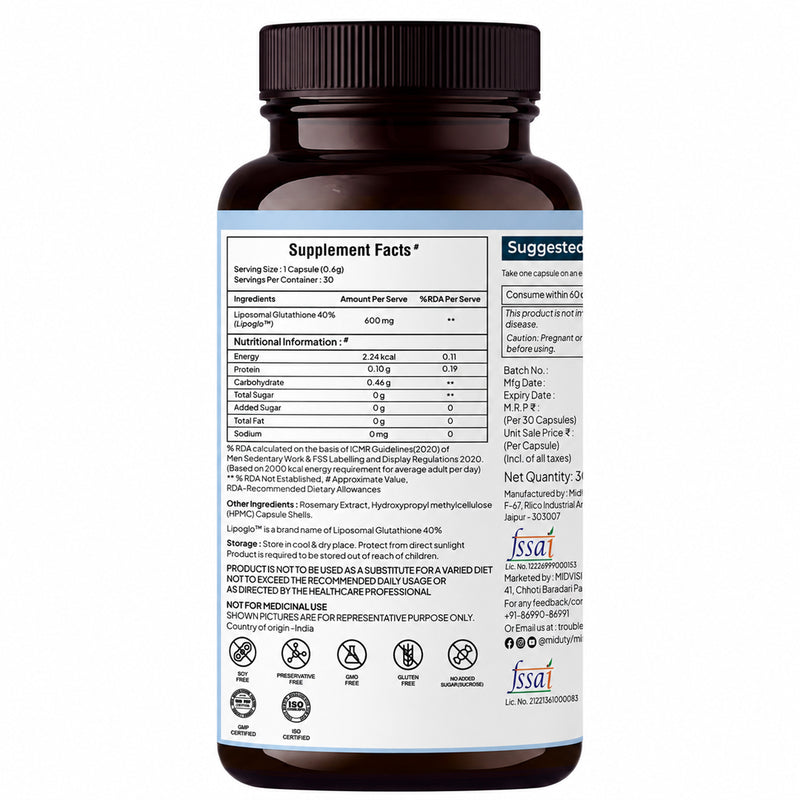 Miduty Liposomal Glutathione capsules bottle back view