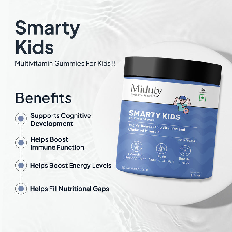 Miduty Smarty Kids supplement benefits to support cognitive development, help boost immune function, boost energy level, fill nutritional gaps