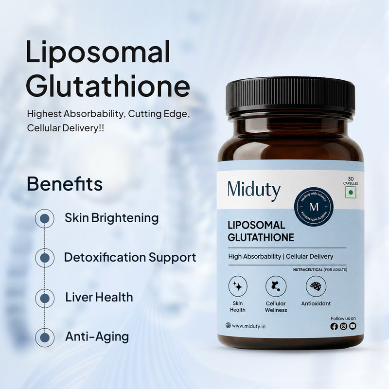 Miduty Liposomal Glutathione supplement benefits, including skin brightening, detoxification support, liver health, and anti-aging.