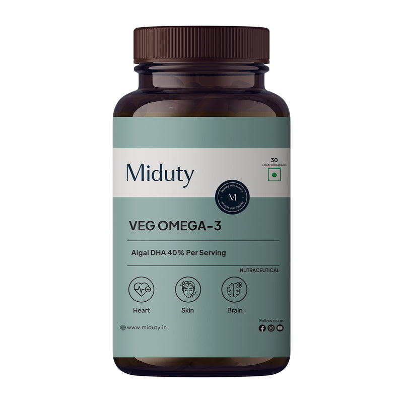 Bottle of Miduty Veg Omega-3 supplement with label as Algal DHA 40% per serving.