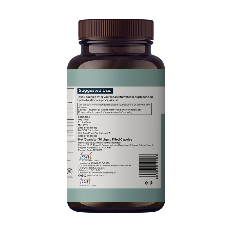 Miduty Veg Omega-3 supplement bottle with suggested usage tip