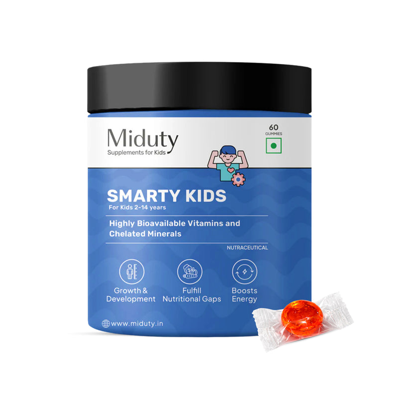 Miduty Smarty Kids supplement container with a gummy